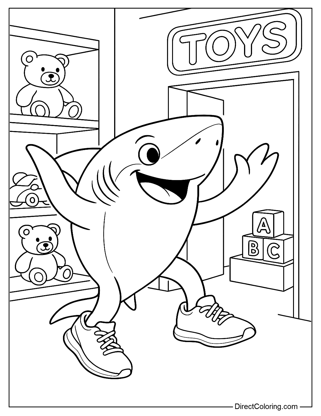 Tralalero coloring page walks into the toy store, fins raised in delight